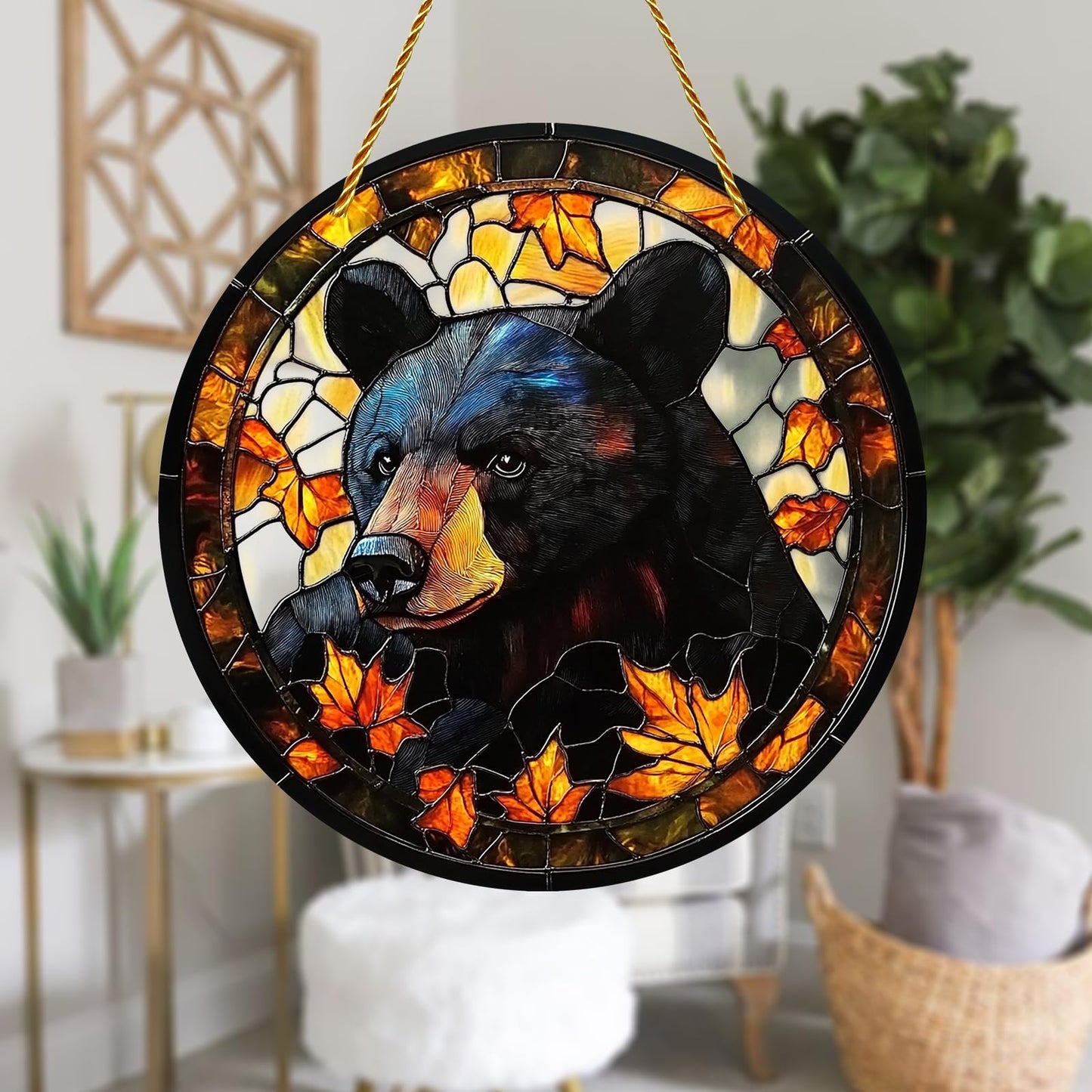 8x8 inch Charming Black Bear Autumn Acrylic Stained Glass Window Hanging Sun Catcher Decor Stained Panel Hangings Wall Art Decor, for Friends and Family (Black Bear)