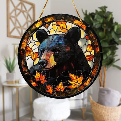 8x8 inch Charming Black Bear Autumn Acrylic Stained Glass Window Hanging Sun Catcher Decor Stained Panel Hangings Wall Art Decor, for Friends and Family (Black Bear)