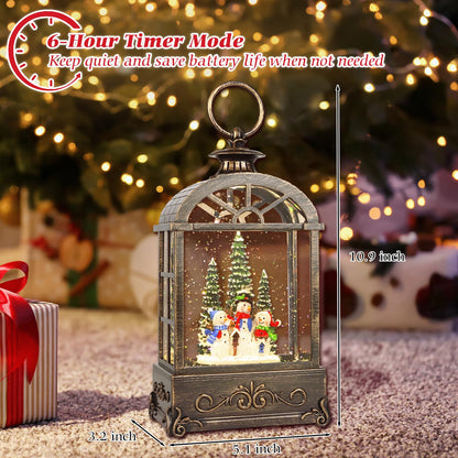 LSISOVO Christmas Snow Globe Lantern,Christmas Decorations Indoor for Home,with 6 Hour Timer Musical Snow Globes,Battery Or USB Powered Swirling Glitter Lantern Christmas Decor Gifts,Snowman Family