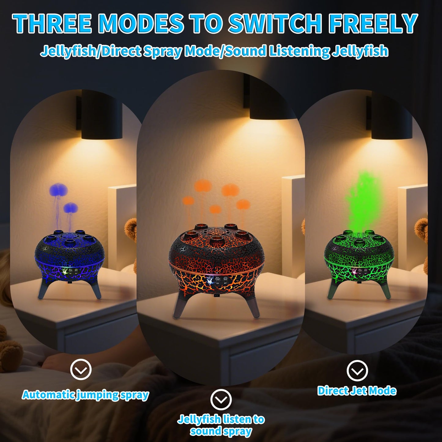 KCKJ Jellyfish Essential Oil Diffuser Sound-Activated Spray Dancing Jellyfish,250ml Aroma Air Diffuser, 3 Mist Modes & 7 Color Lights, Volcanic Lava Design for Home Bedroom(Black Crack)