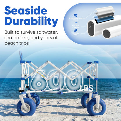 Sekey Heavy Duty Beach Wagon with 9" Wide Balloon Wheels, 600 lbs Capacity, 200L Large Foldable Wagon Cart, Adjustable Handle, All-Terrain Utility Cart for Beach Trips, Sports, and Outdoor Activities