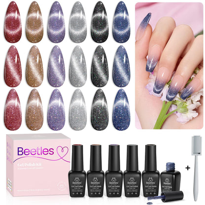 Beetles Cat Eye Gel Nail Polish Set, 6 Colors Glitter Red Pink Shiny Brown Burgundy Purple Blue Green Magnetic Effect Sparkle Stunning Nail Gel Polish Kit Soak Off UV Manicure Gifts for Women