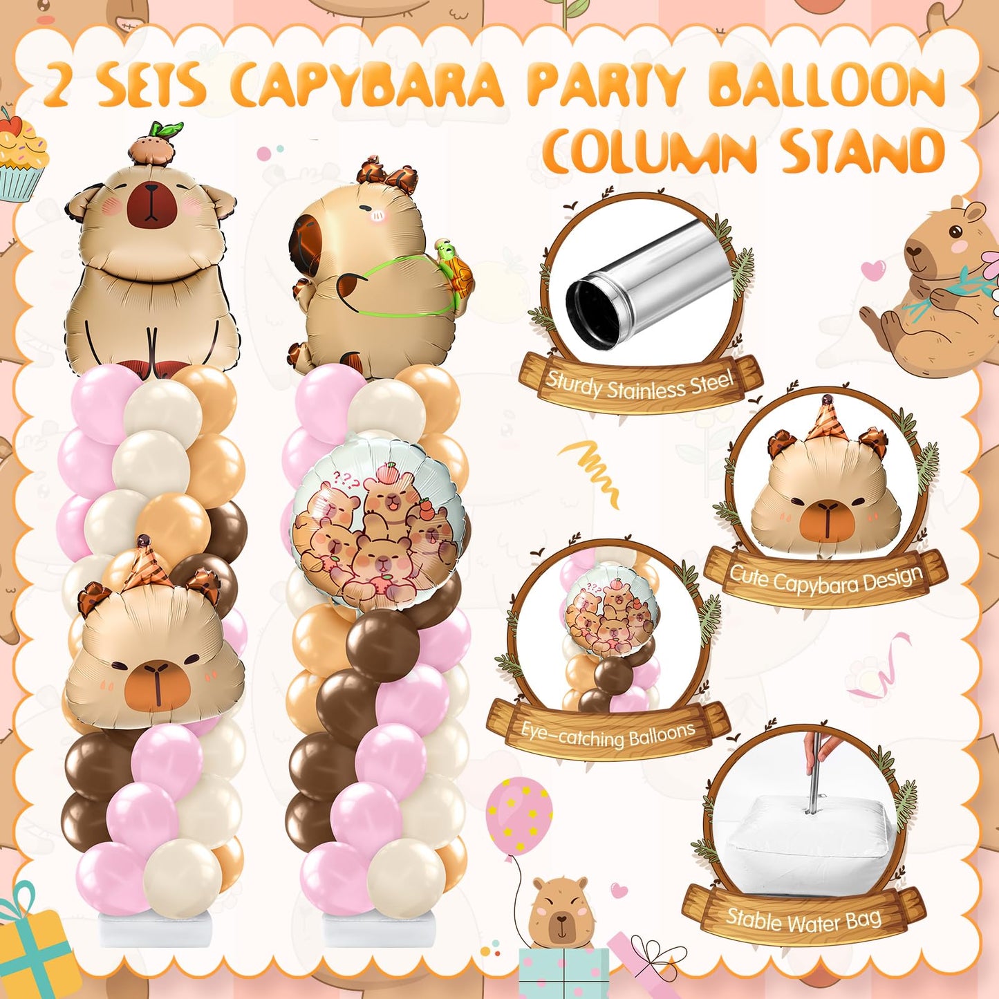 Kasyat 2 Sets Capybara Balloon Column Stand Kit Pink Brown Beige Orange Balloons Arch Garland for Capybara Birthday Party Gender Reveal Baby Shower Animal Theme Decoration