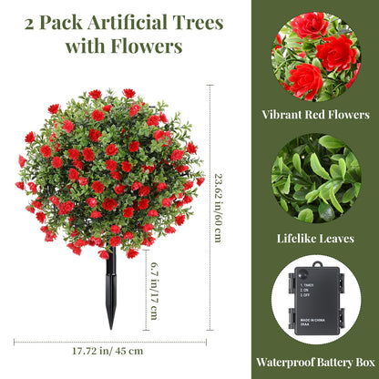 Lewondr Artificial Red Flowers Boxwood Topiary Ball with LED Lights,23.6'' Artificial Shrub Bushes with Ground Spike,UV Resistant Faux Greenery Shrubs,Fake Plants for Indoor Outdoor Garden Patio Decor