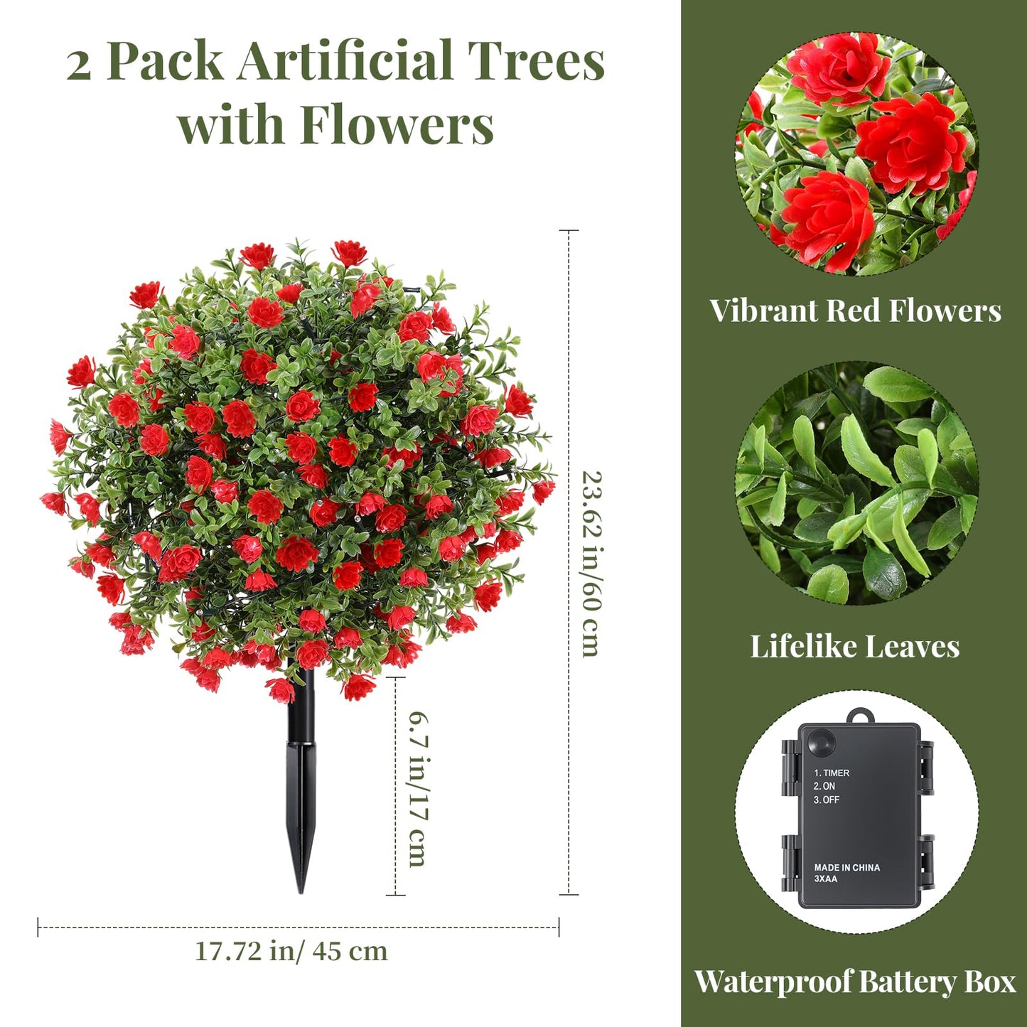 Lewondr Artificial Red Flowers Boxwood Topiary Ball with LED Lights,23.6'' Artificial Shrub Bushes with Ground Spike,UV Resistant Faux Greenery Shrubs,Fake Plants for Indoor Outdoor Garden Patio Decor