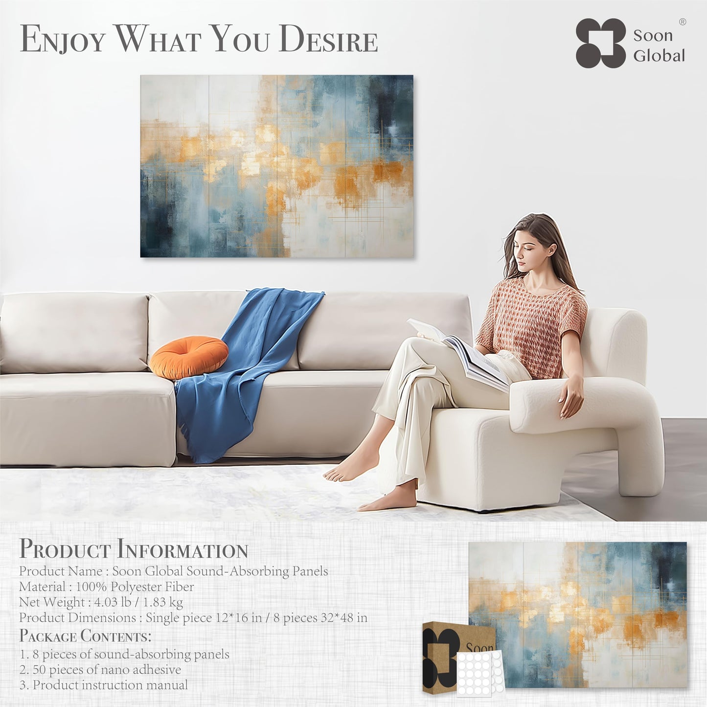 Soon Global 8-Pack Acoustical Wall Panels, 48 X 32 Inches Art Acoustic Panels, Decorative Acoustic Panels, Acoustic Wall Panels, Sound Absorbing Wall Art, Teal Aura