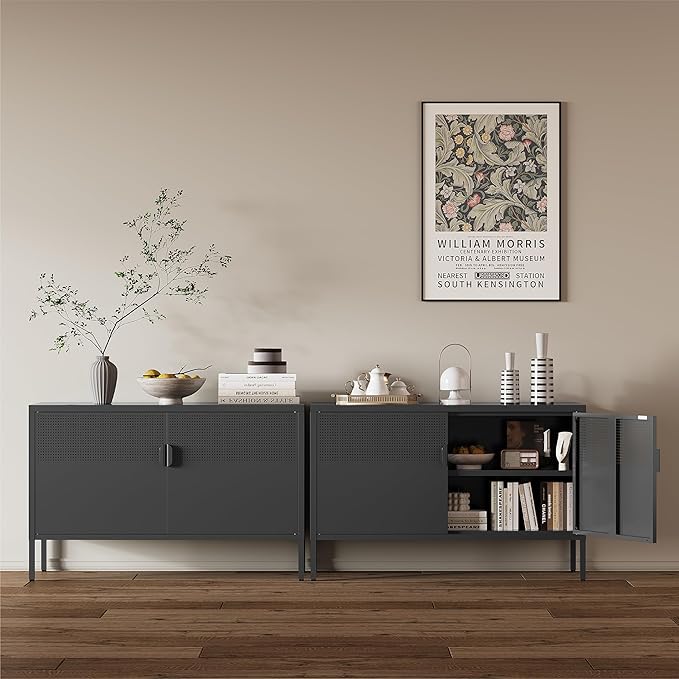 Metal Storage Cabinet, 2 Door TV Stand, Metal Mesh Accent Cabinet, Magnetic