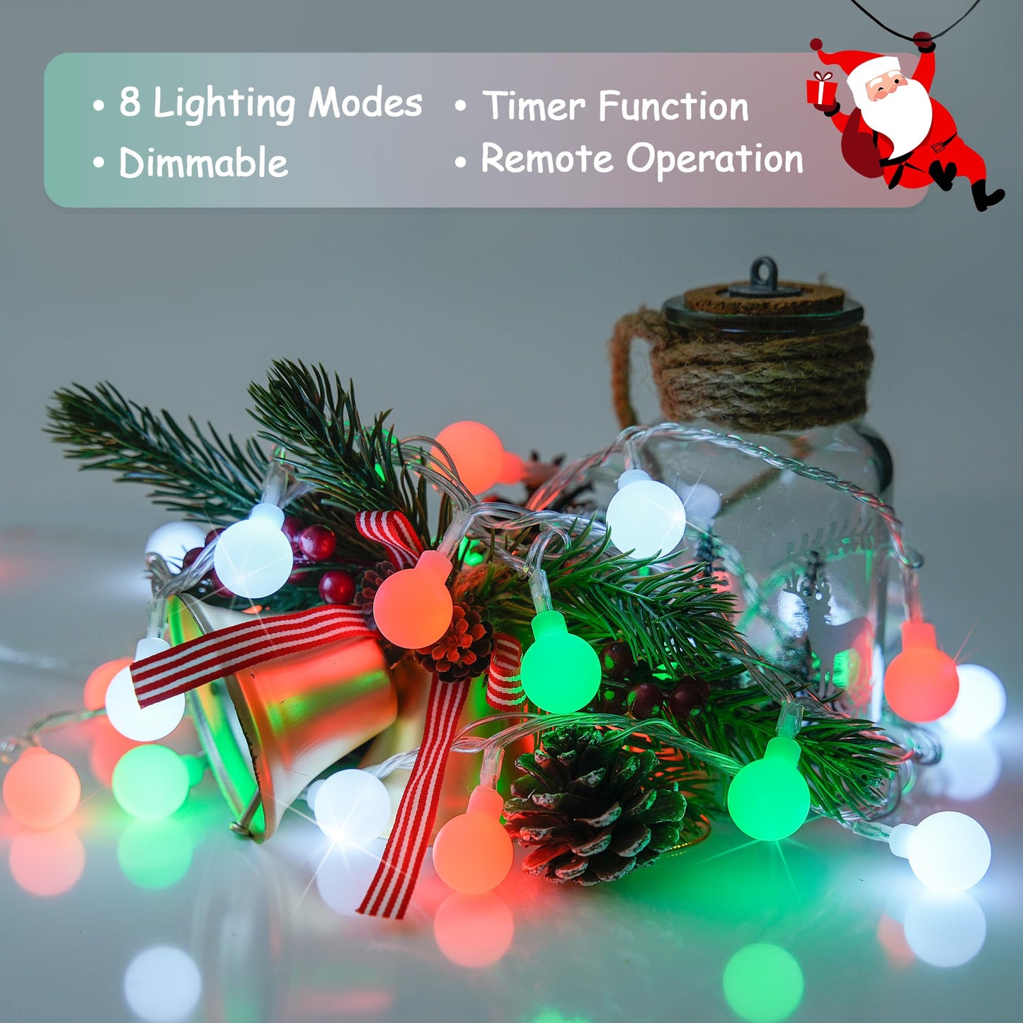 JMEXSUSS Globe String Lights, Red White and Green Christmas Lights，100 LED Plug