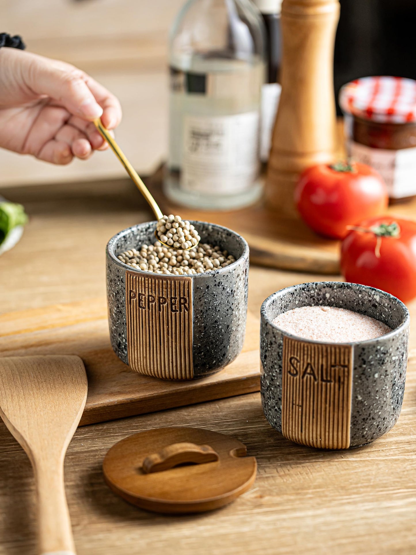 YHOJOY Salt and Pepper Bowl Ceramic, 10 Oz Salt Containers for Countertop Salt Cellar with Wooden Lid and Spoons, Salt and Pepper Set