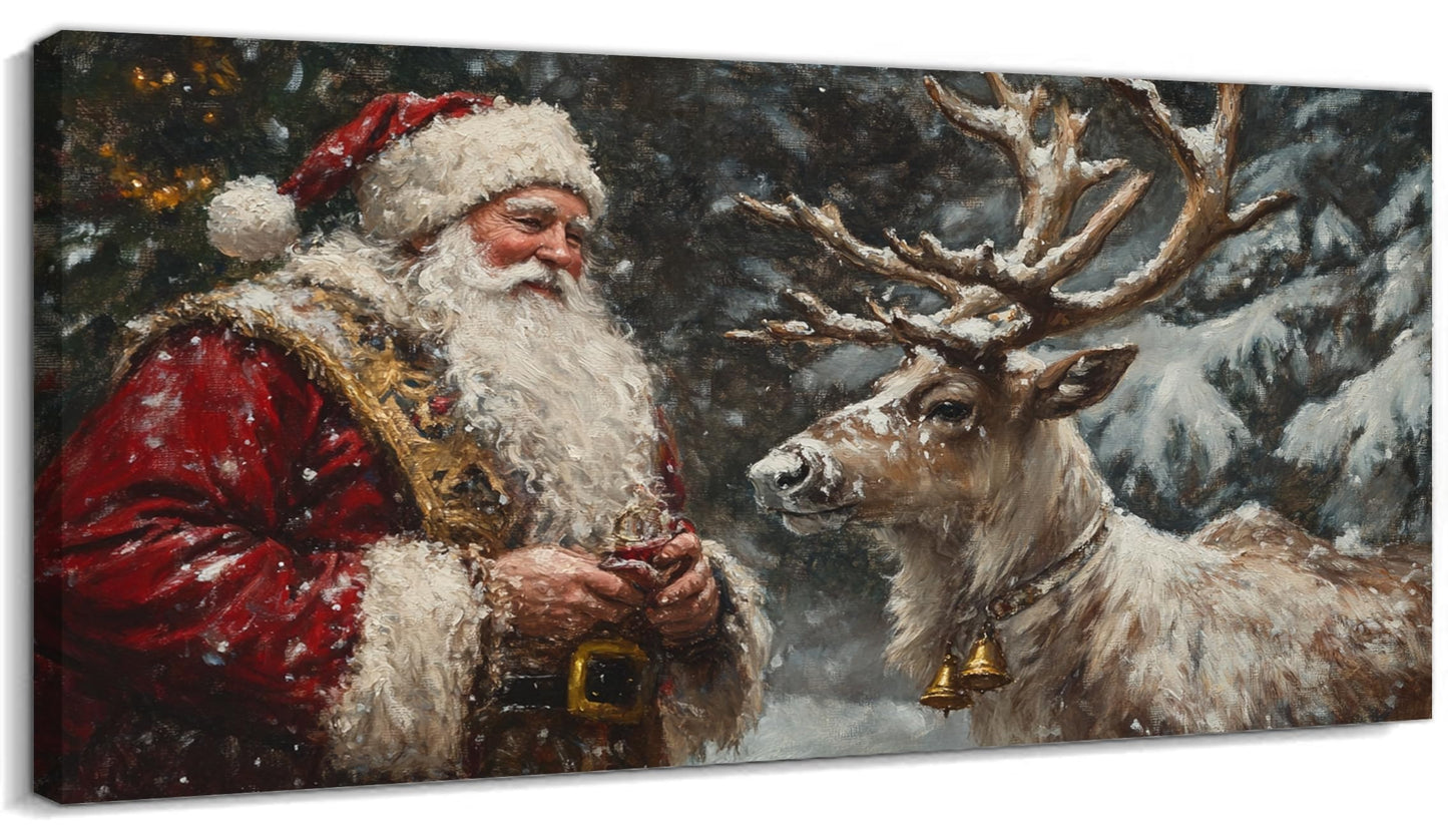 GUTTATY Christmas Canvas Wall Art, Santa and Reindeer Canvas Prints, Winter Forest Scene Wall Decor, Snowy Holiday Hanging Painting, Christmas Picture Poster for Living Room, Bedroom, 32x16 Inch