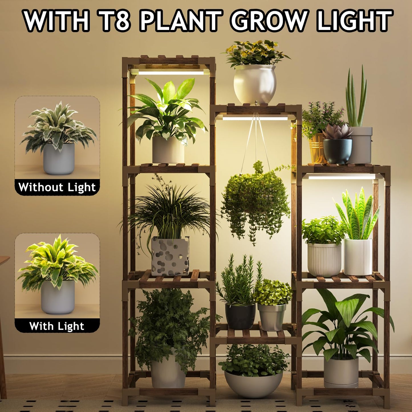 HOMKIRT Plant Stand with Grow Light, Lighted Plant Shelf Indoor for Multiple Plants, Wood Tall Plant Rack with Grow Lights Flower Stand for Corner, Living Room, Patio, Garden