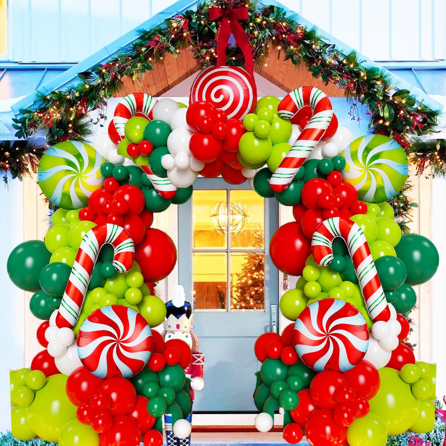 147 Pcs Christmas Balloon Garland Arch Kit with Xmas Red and Green Candy Cane foil Balloons, Red Green White Candy Balloons for for Christmas Party Decorations Birthday Supplies