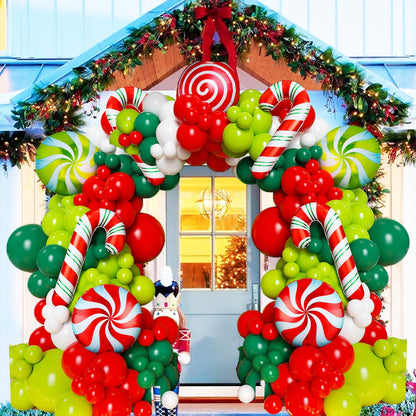 147 Pcs Christmas Balloon Garland Arch Kit with Xmas Red and Green Candy Cane foil Balloons, Red Green White Candy Balloons for for Christmas Party Decorations Birthday Supplies