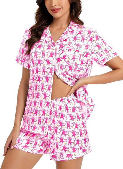 SWOMOG Womens Silk Satin Pajamas Set Short Sleeve Sleepwear Button Down Top and Shorts Loungewear 2 Piece Pjs Set XS-3XL