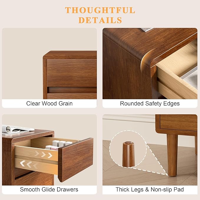 Nightstand with 3 Drawers Narrow Night Stand Solid Wood Bedside Table Mid