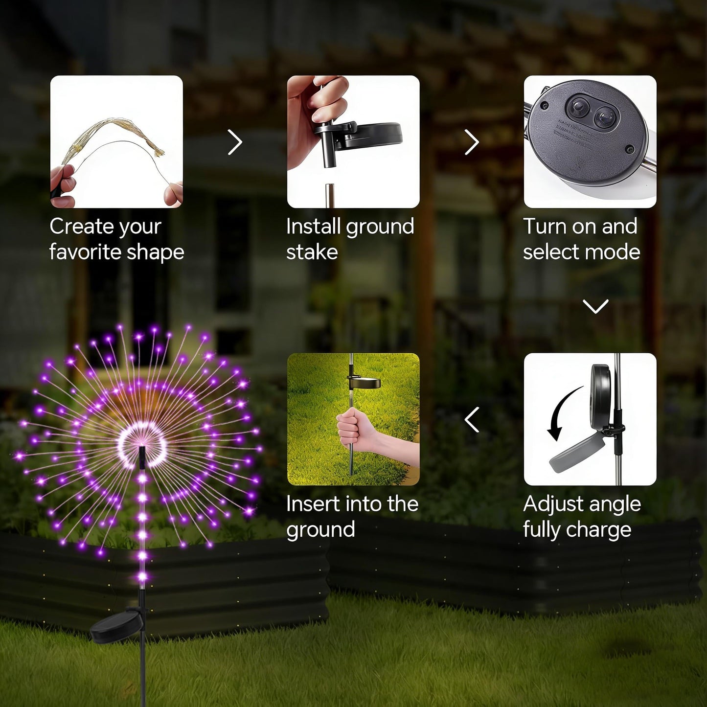 2 Pack 250LED Solar Garden Lights Outdoor, Dual Lighting Modes Firework Lights Solar Powered, Waterproof Twinkle Fairy Light Outside for Yard Patio Pathway Christmas Party Decorative（Purple