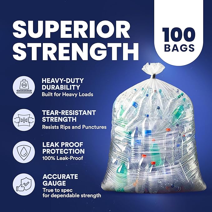 Plasticplace 55-60 gallon Trash Bags │ 1.5 Mil │ Clear Heavy Duty Garbage Can