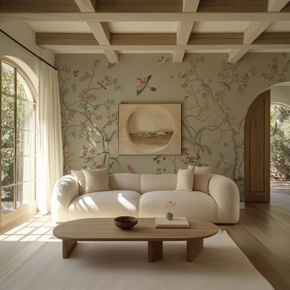 ARVOTONE Self-Adhesive Peel and Stick Wall Mural | Floral & Bird Design with Tropical Green Background | Removable Canvas Wallpaper for Living Room, Bedroom, Office (B, W114'' x H83'')