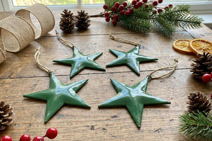 Green Star Hanging Ornaments Set of 4 – Rustic Farmhouse Decor, Christmas Tree Ornaments, Wall & Door Hanging Stars for Home, Holiday, Winter & Festive Decorations