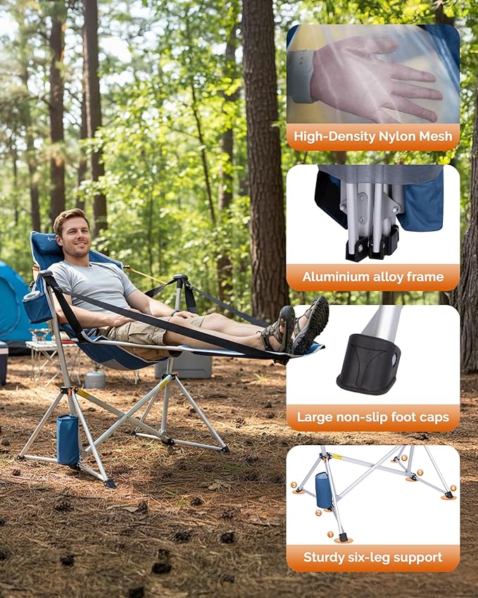 KingCamp Hammock Chair with Footrest – Heavy Duty Swinging Rocking Camping Chairs for Adults up to 400lbs, Folding Portable Oversized Rocker with Cup Holder & Pillow for Outdoor Beach Lawn RV Sports