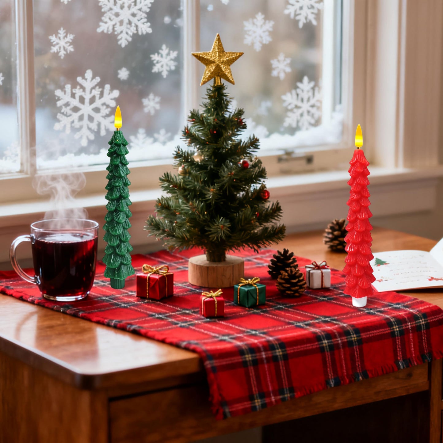 4 Pcs Christmas Tree Flameless Taper Candles with Timer Battery Operated Taper Candles Realistic Flickering Green LED Candle Red Tall ElectricTaper Candlesticks fo Halloween Home Decor festival Party