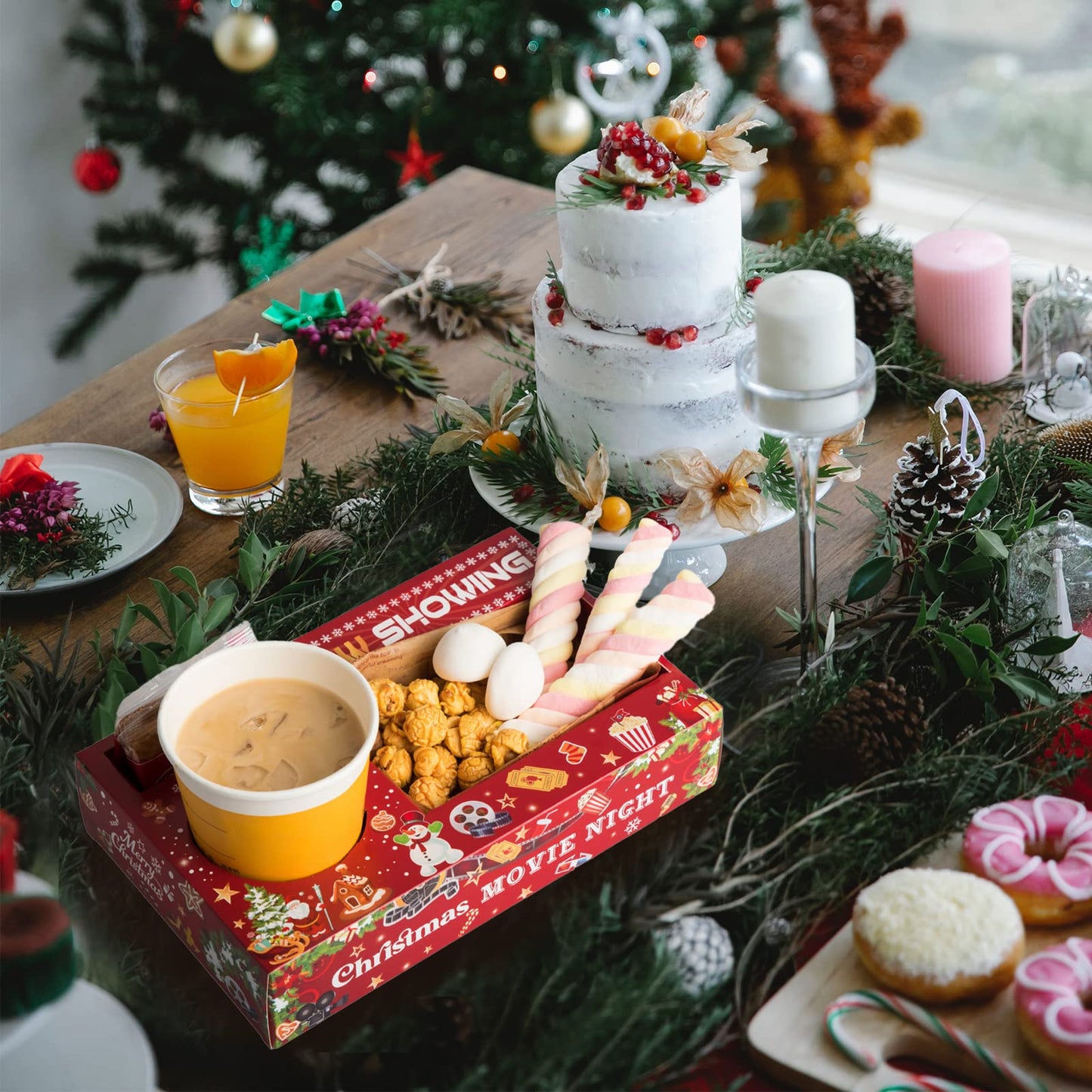 40 Pcs Christmas Party Supplies - Xmas & Birthday Party Favors - Snowman Family Movie Night Paper Snack Trays - Popcorn & Drink & Candy Box