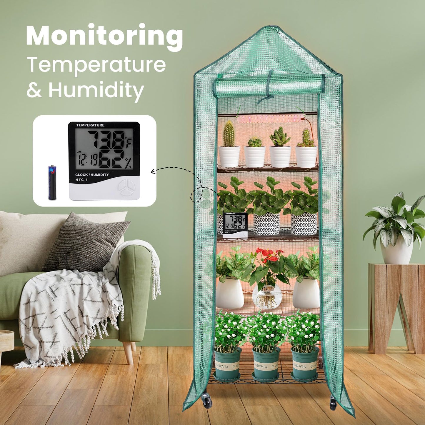 DazSpirit 4-Tier Indoor Mini Greenhouse with Grow Lights, 32W Full Spectrum Plant Light with Timer, Adjustable Metal Shelves, 69.6"x22"x18.5" Portable Plant Stand for Seed Starting & Indoor Plants