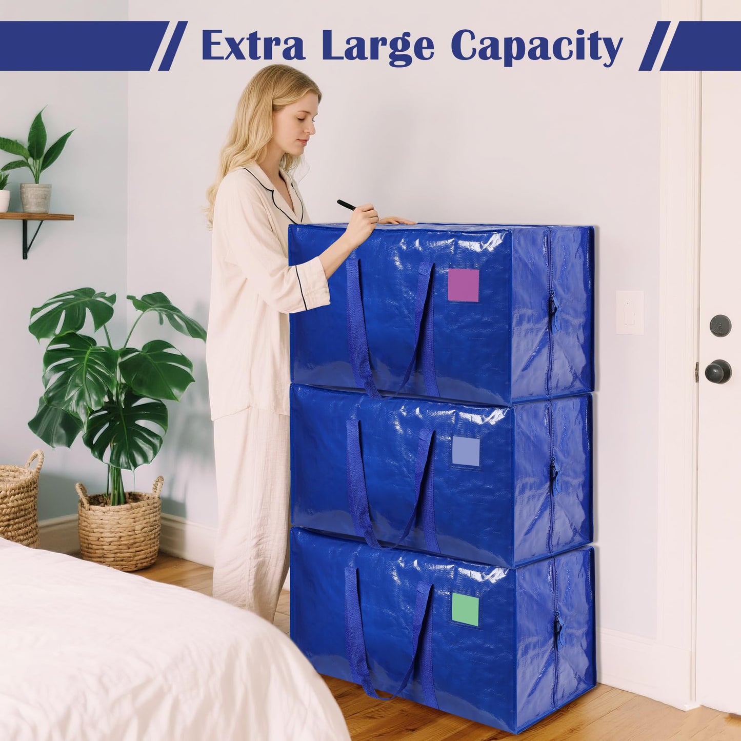 RMOHRO 6 Pack Moving Bags with Full-Open Side Zipper, Extra Large 93L Heavy Duty Waterproof Foldable Storage Totes for College Dorm, Moving & Home Organization,Blue