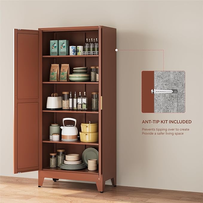 YAUWOH 71''Metal Cabinet with 4 Adjustable Shelves, 5-Tier Pantry Storage