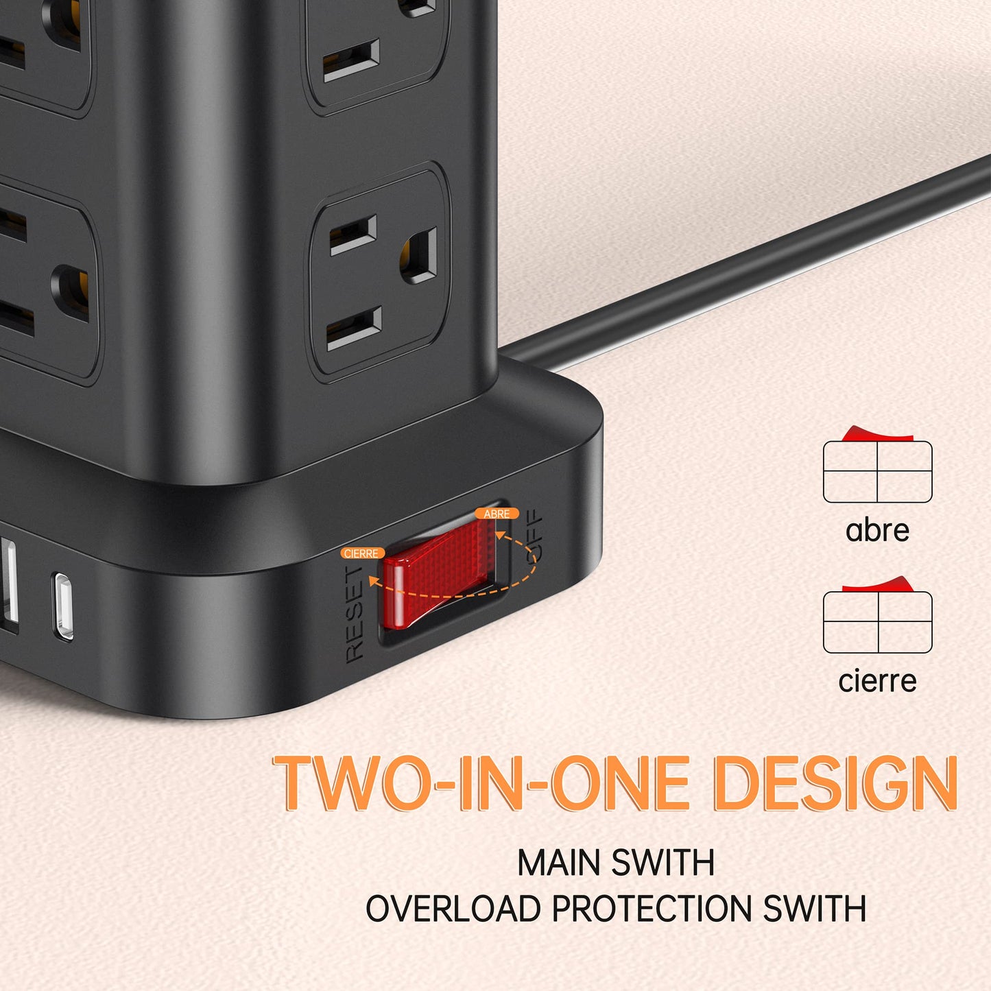 Extension Cord with Multiple Outlets, Surge Protector Power Strip Tower, 12 AC 4 USB，Surge Protector Tower 6.5FT Overload Protection for Home Office