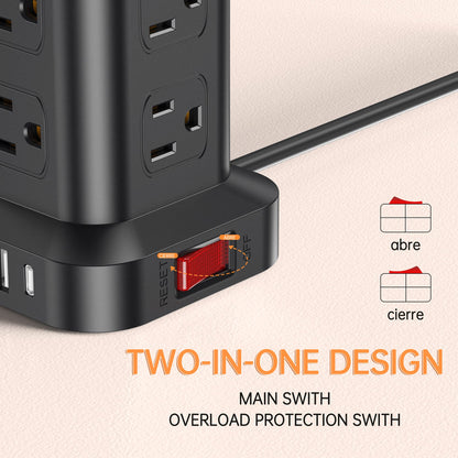 Extension Cord with Multiple Outlets, Surge Protector Power Strip Tower, 12 AC 4 USB，Surge Protector Tower 6.5FT Overload Protection for Home Office