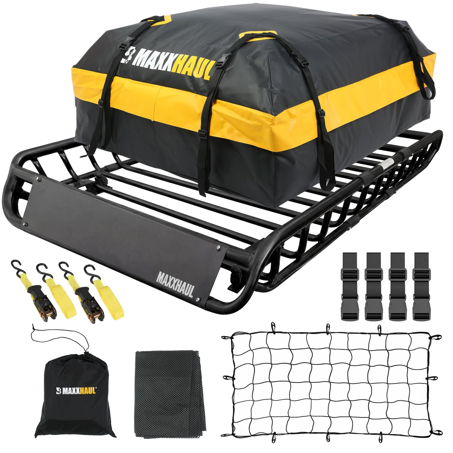MaxxHaul 51210 Roof Rack Cargo Carrier Set Steel 46" x 36" Basket with 44" x 34" x 17" Roof Bag, 36" x 60" Cargo Net, and Two 1" x 15 ft Ratchet Straps 150 lb Capacity