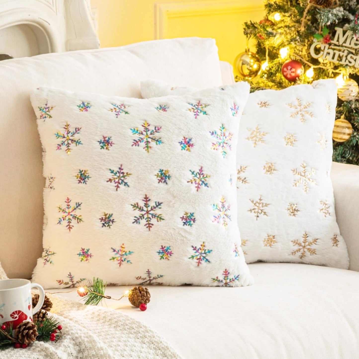 AQOTHES Pack of 2 Faux Fur Fuzzy Christmas Decorative Throw Pillows Covers Soft Plush with Snowflake Sequins Glitter Cushion Covers for Couch Sofa Bed Room Decor, Ivory,18 x 18 Inch
