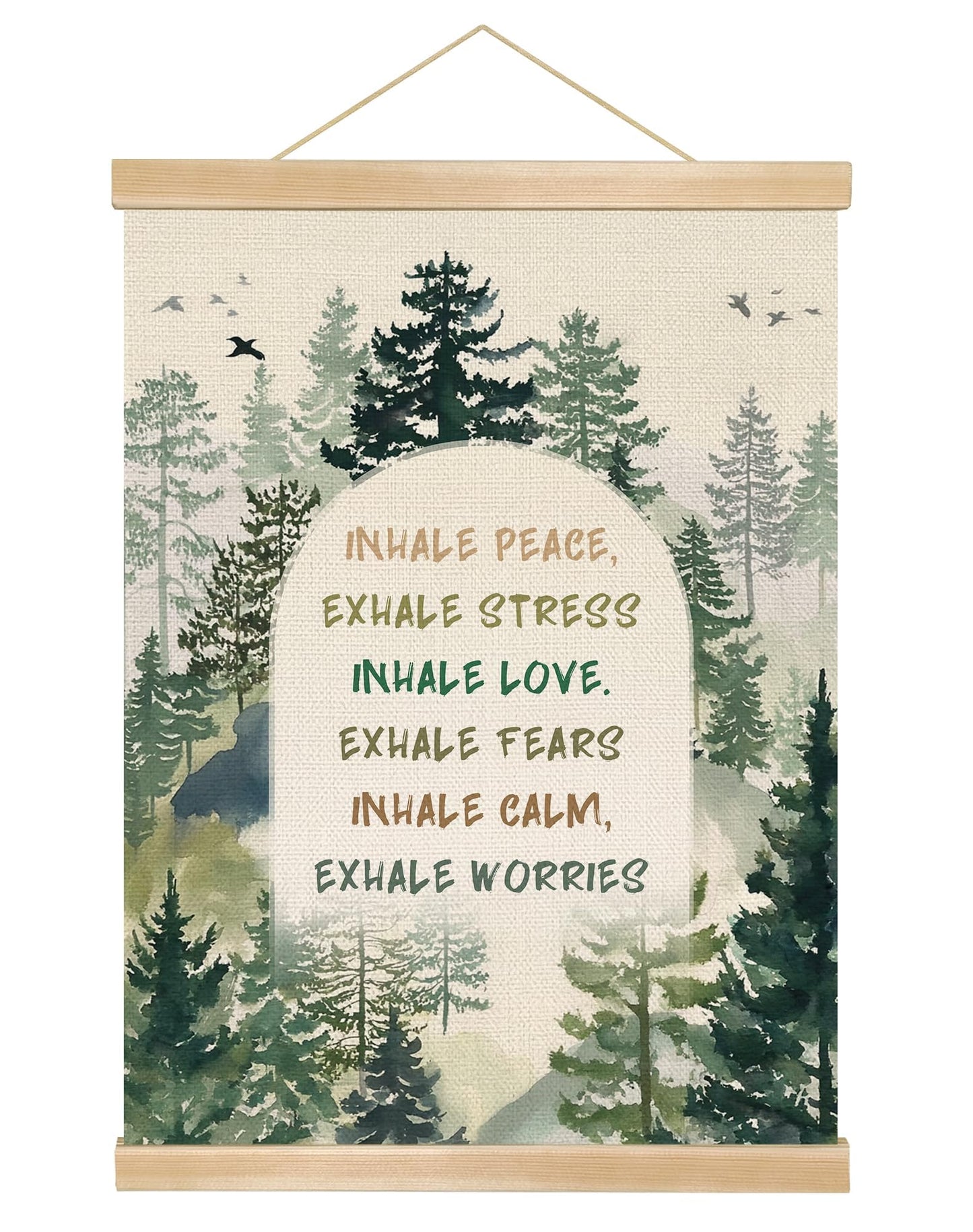 Mindfulness Wall Art Decor,Inhale Exhale Inspirational Forest Poster with Wooden Hanger, Mental Health Decor for Therapy Office, Counseling Room, Yoga Studio, Calm Down Corner, 14x18.5Inches(BG015)