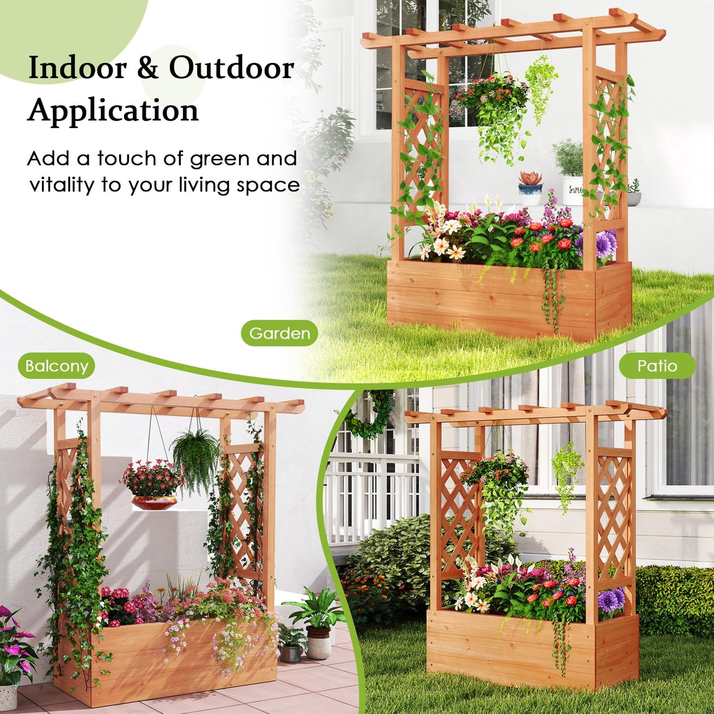 HAPPYGRILL Raised Garden Bed with Trellis, Freestanding Wood Planter Box w/Hanging Roof & 4 Drainage Holes for Vine, Climbing Plants, Flowers, Outdoor Planter with Trellis for Garden, Patio, Yard