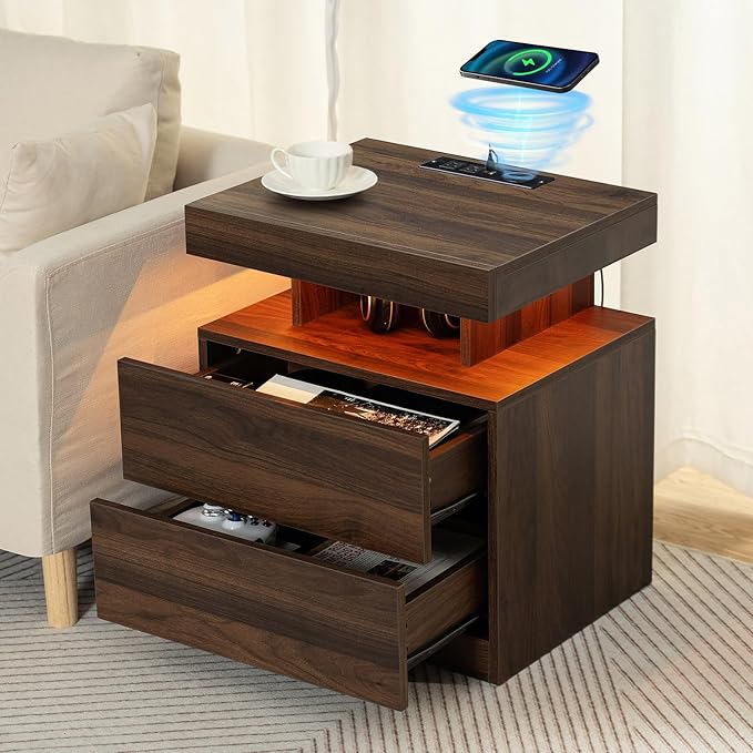 HOMMPA Rustic Nightstand with Wireless Charging Station LED Bedside Table with