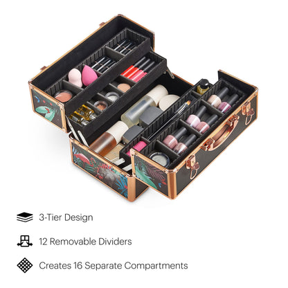Beautify Make Up Vanity Case, Travel Jungle Print 3 Tier Makeup Box w/Extendable Trays, Spacious Storage & Removable Dividers to Create Compartments, Lockable Makeup Vanity Case for Professionals