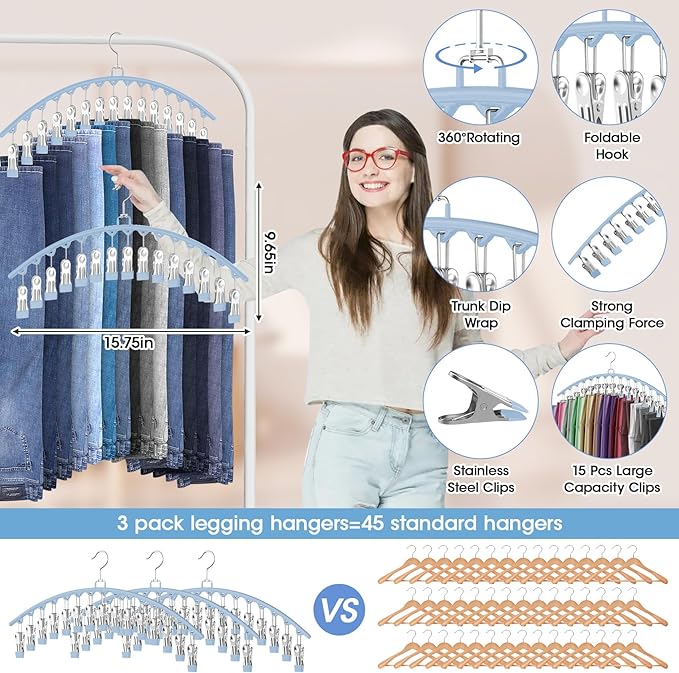 3 Pack Legging Organizer for Closet Hanging, Pants Hangers