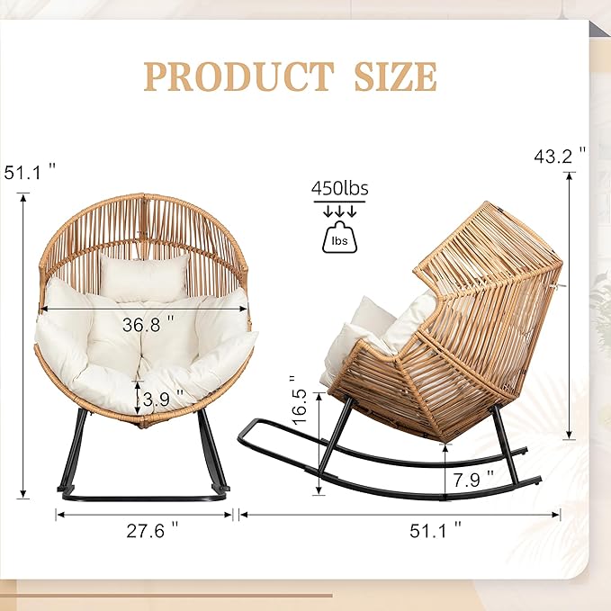 Vongrasig Wicker Rocking Egg Chair PE Rattan with Cushion, Oversized Patio Lounge Rocker Chair for Outdoor, Indoor, Livingroom, Backyard, Garden (Beige)
