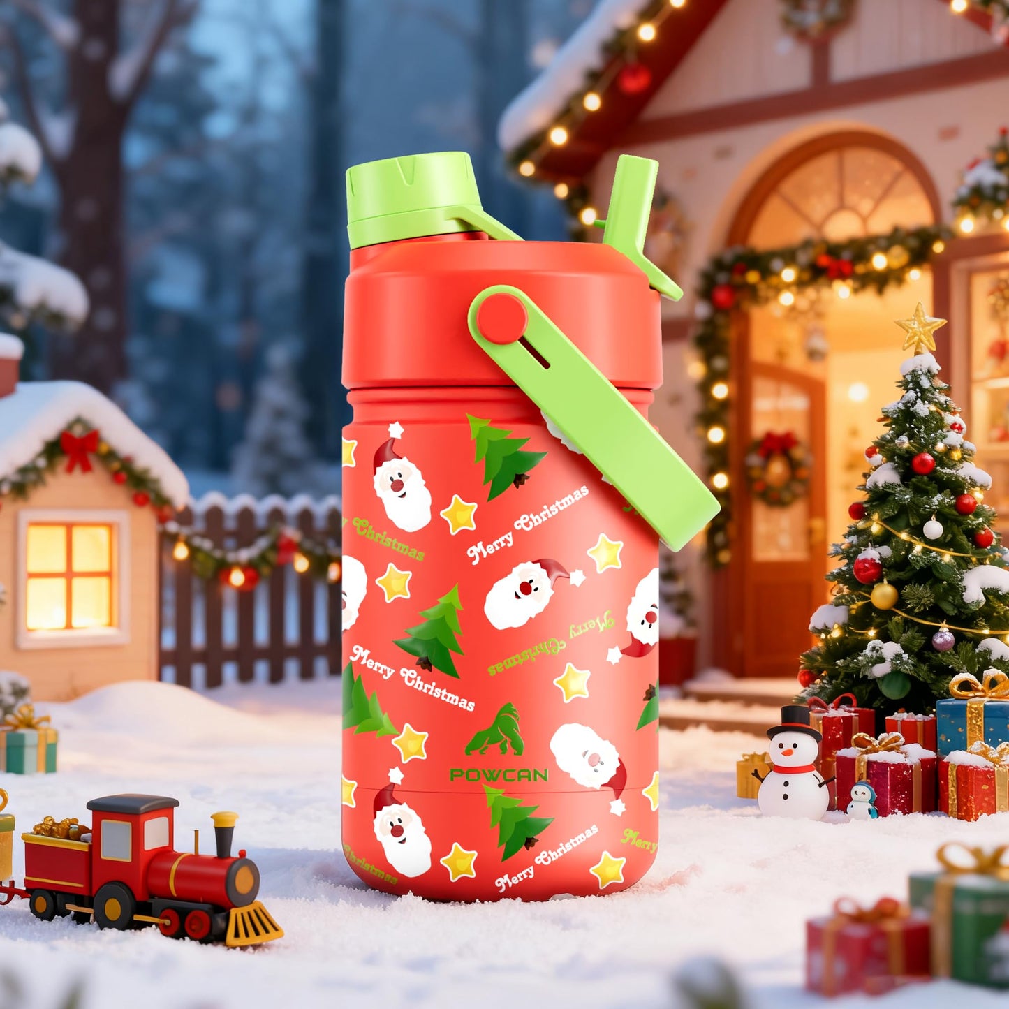 12 oz Kids Christmas Insulated Water Bottle: 2-in-1 Straw Spout Lid, Leakproof, BPA-Free, Keep Cold 24H, Stainless Steel Cup with Carrier Bag for Party, Travel, Holiday Gift (Santa's Jolly Wishes)