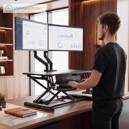 VERSADESK EvoLift 32" Electric Standing Desk Converter, Sit to Stand Motorized Desk Riser, 1-Button Easy Lift, Dual Monitor Workstation, Wide Keyboard Tray, Built-in Device Stand, Black