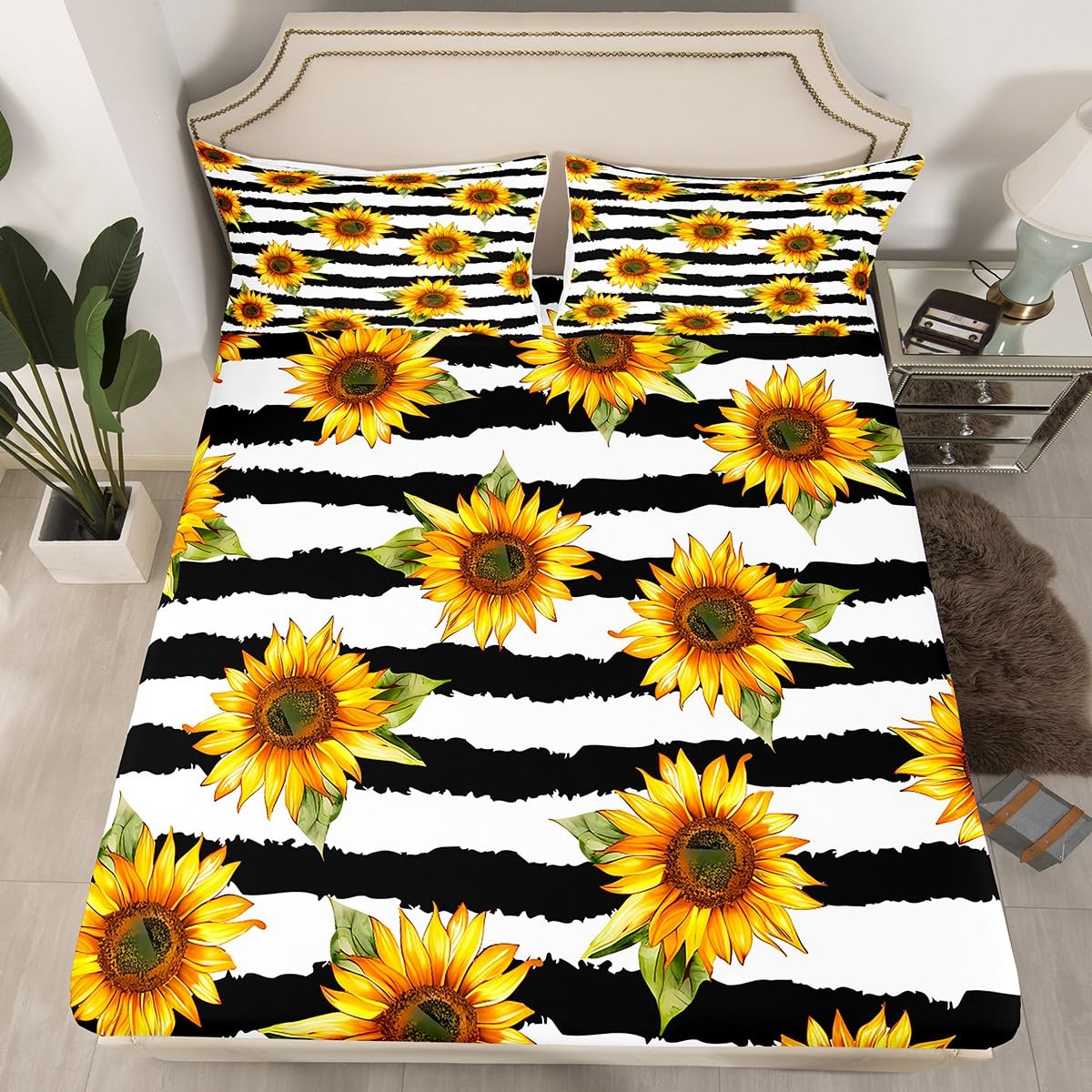 Feelyou Sunflower Fitted Sheet Twin Stripes Pattern Decor Bedding Set Panoramic Printed Adult Teen Kids Bed Sheet Set Garden Theme Bed Cover for Boys Girls Women Plant Decor Soft (No Flat Sheet)