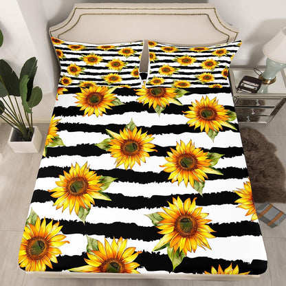 Feelyou Sunflower Fitted Sheet Twin Stripes Pattern Decor Bedding Set Panoramic Printed Adult Teen Kids Bed Sheet Set Garden Theme Bed Cover for Boys Girls Women Plant Decor Soft (No Flat Sheet)