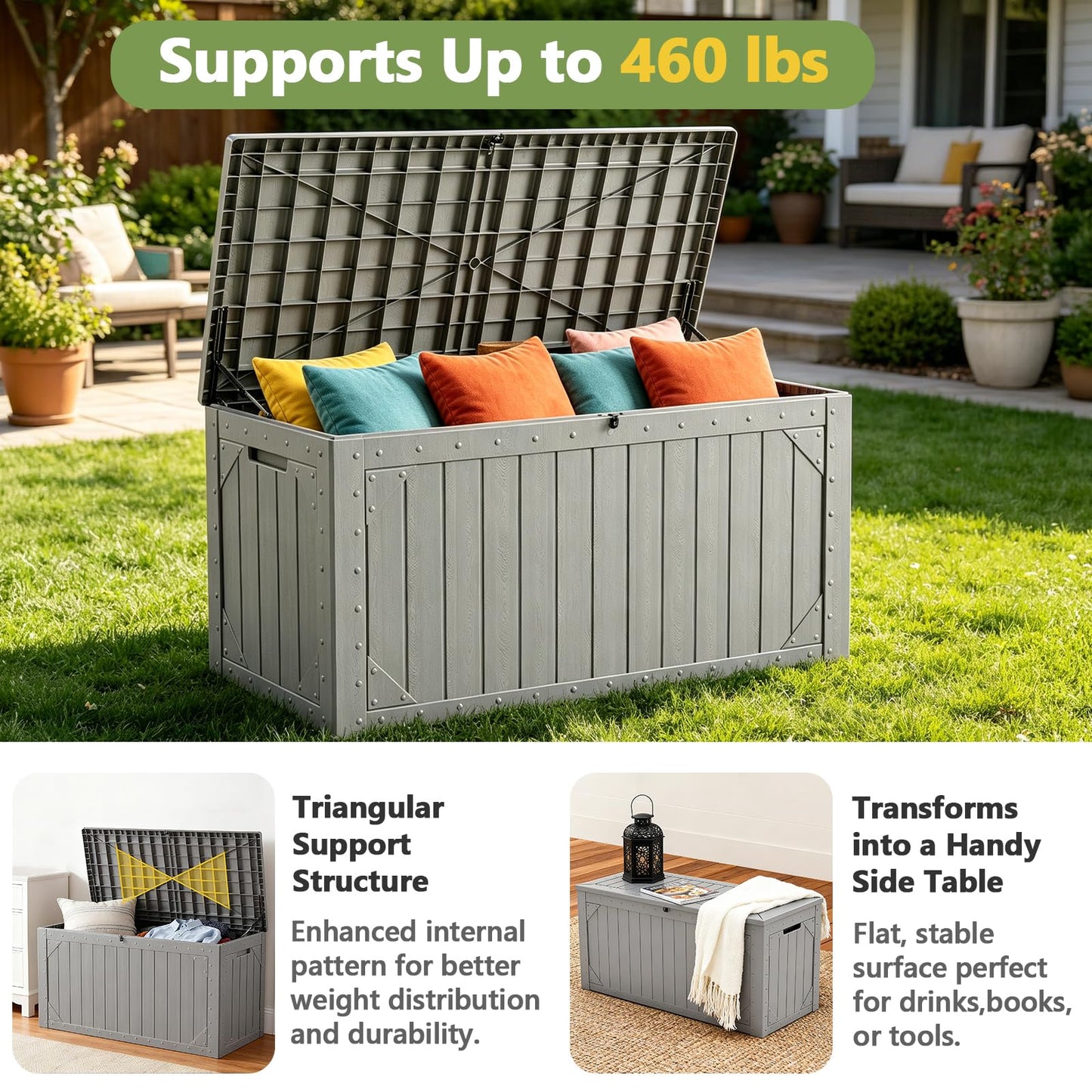 MAKE CHANGES Outdoor Storage Box, 95 Gallon Deck Box Outdoor Storage Bench, Outside Waterproof Resin Storage Bench, Lockable Patio Cushions, Garden Tools Storage for Furniture, UV Resistant (Gray)