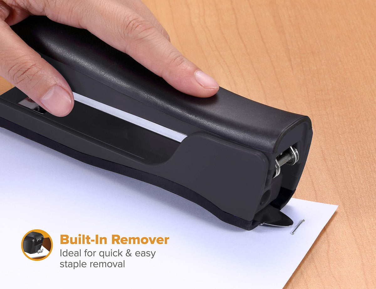 Bostitch Office Eco-Friendly Dynamo 4 in 1 Standup Stapler, Includes 420 Staples, 20 Sheet Capacity, Integrated Pencil Sharpener, Staple Remover & Staple Storage, Black