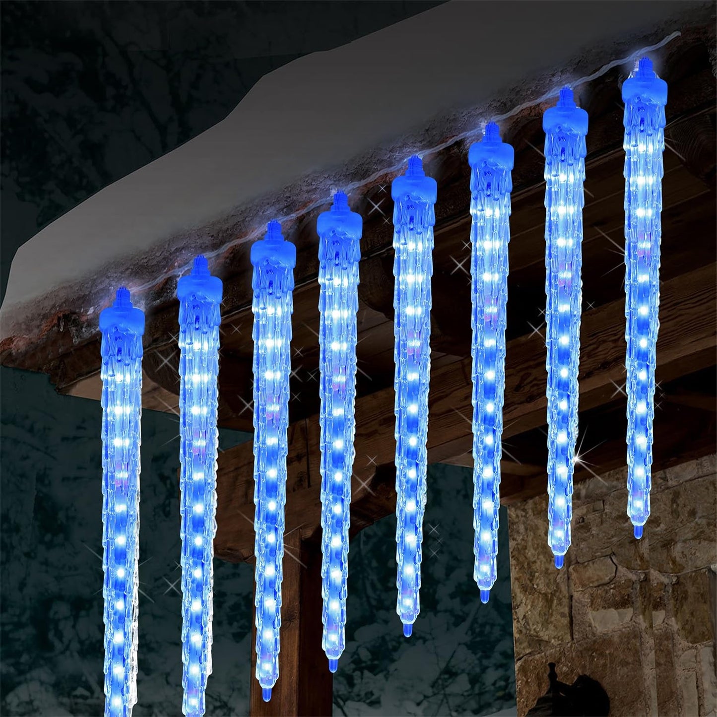 WATERGLIDE 16 Icicles Meteor Shower Lights, 12" Outdoor Icicle Christmas Lights 384 SMD LED Crystal Ice Falling Light, Connectable Raindrop Iciclelight, Xmas Winter Party Tree Holiday Decor, Blue