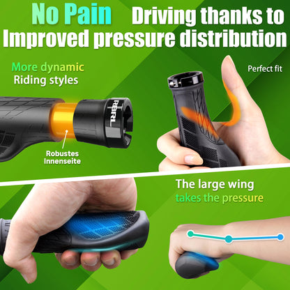 RBRL Bike Grips, Ergonomic, Non-Slip Rubber Handlebar Grips with Aluminium Alloy Lock-On Design, 3-Zone Comfort Bicycle Grips for MTB, E-Bike, BMX & Trekking Bikes
