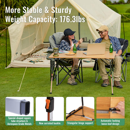 KingCamp Bamboo Folding Table, 2-Fold Camping Adjustable Height Portable Outdoor Lightweight & Compact Table with Aluminum Frame for RV Picnic BBQ
