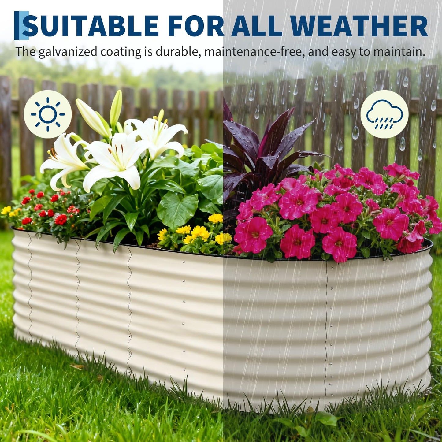 Garvee 2 Pack 8x4x1.5ft Galvanized Raised Garden Bed Kit, Oval Metal Planter Boxes with Anti-Cut Safety Edges, Rust-Resistant Deep Root Planters for Outdoor Vegetables, Flowers, Herbs, Beige