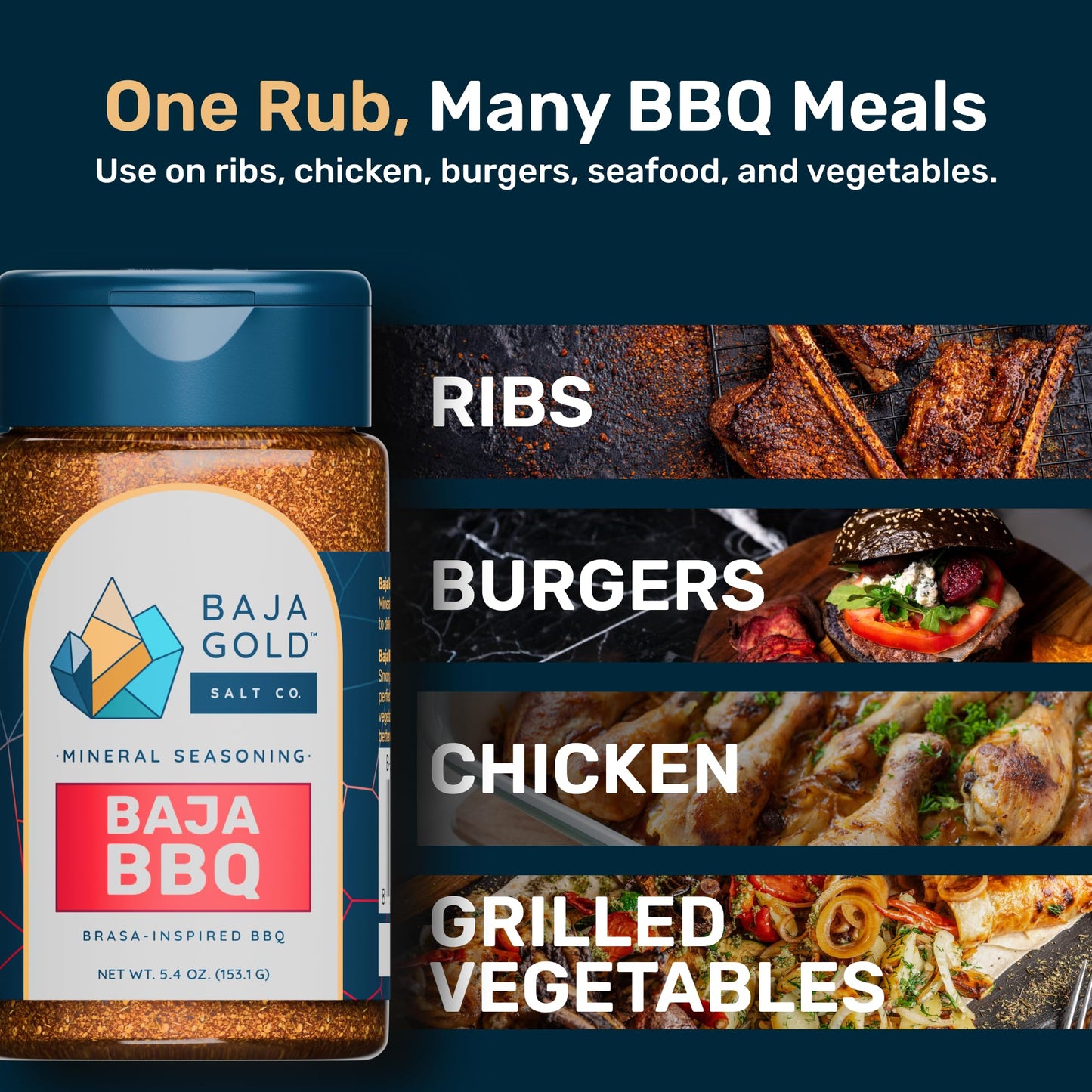 Baja Gold BBQ Seasoning, Smoky Barbecue Rub Blend with Paprika Cane Sugar Black Pepper and Mineral Sea Salt, for Ribs Chicken Pork and Burgers, All Purpose Seasoning and Meat Rub, 5.4 Oz